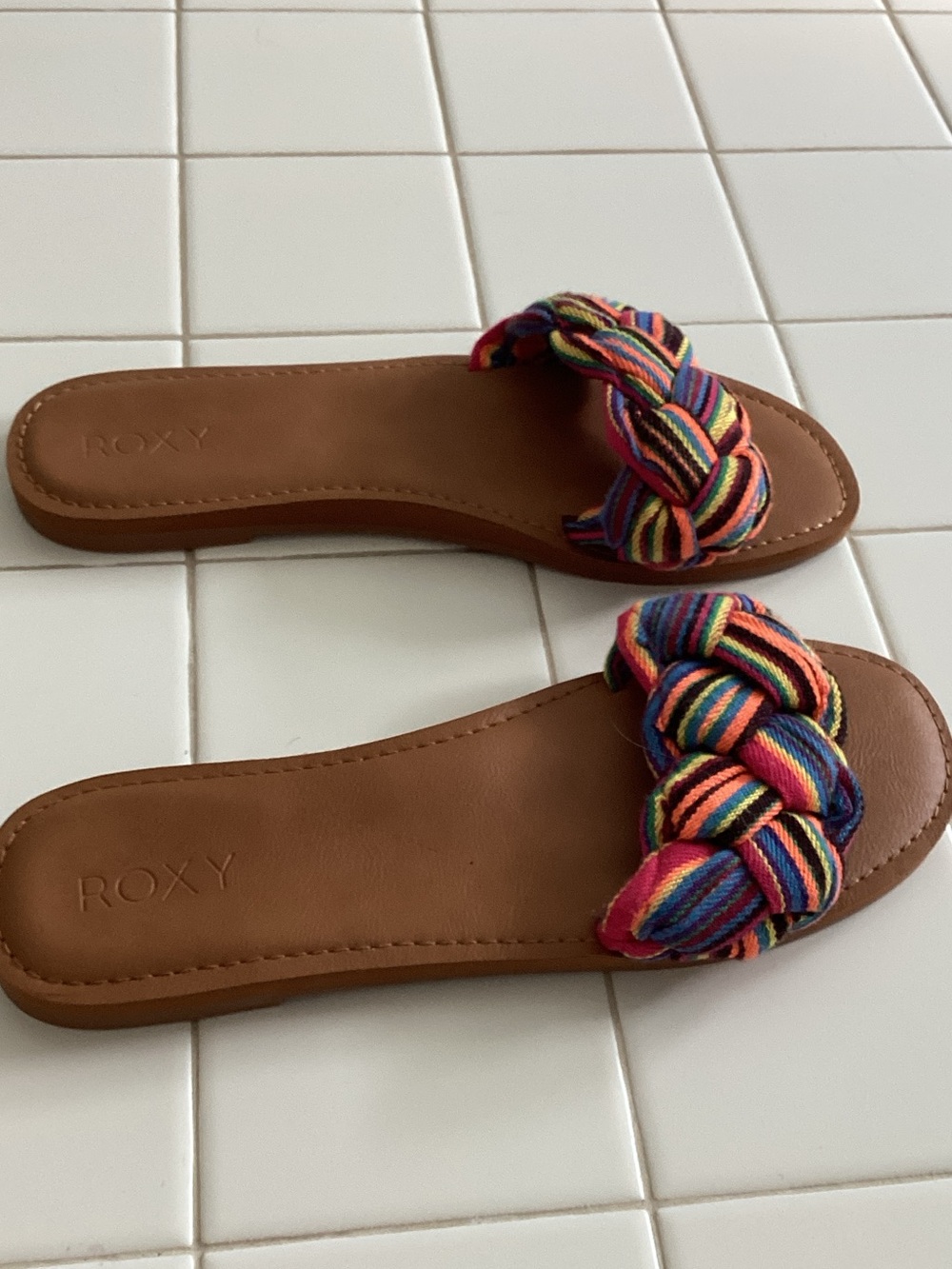 Roxy Brown Slides with Multicolor Braided Straps